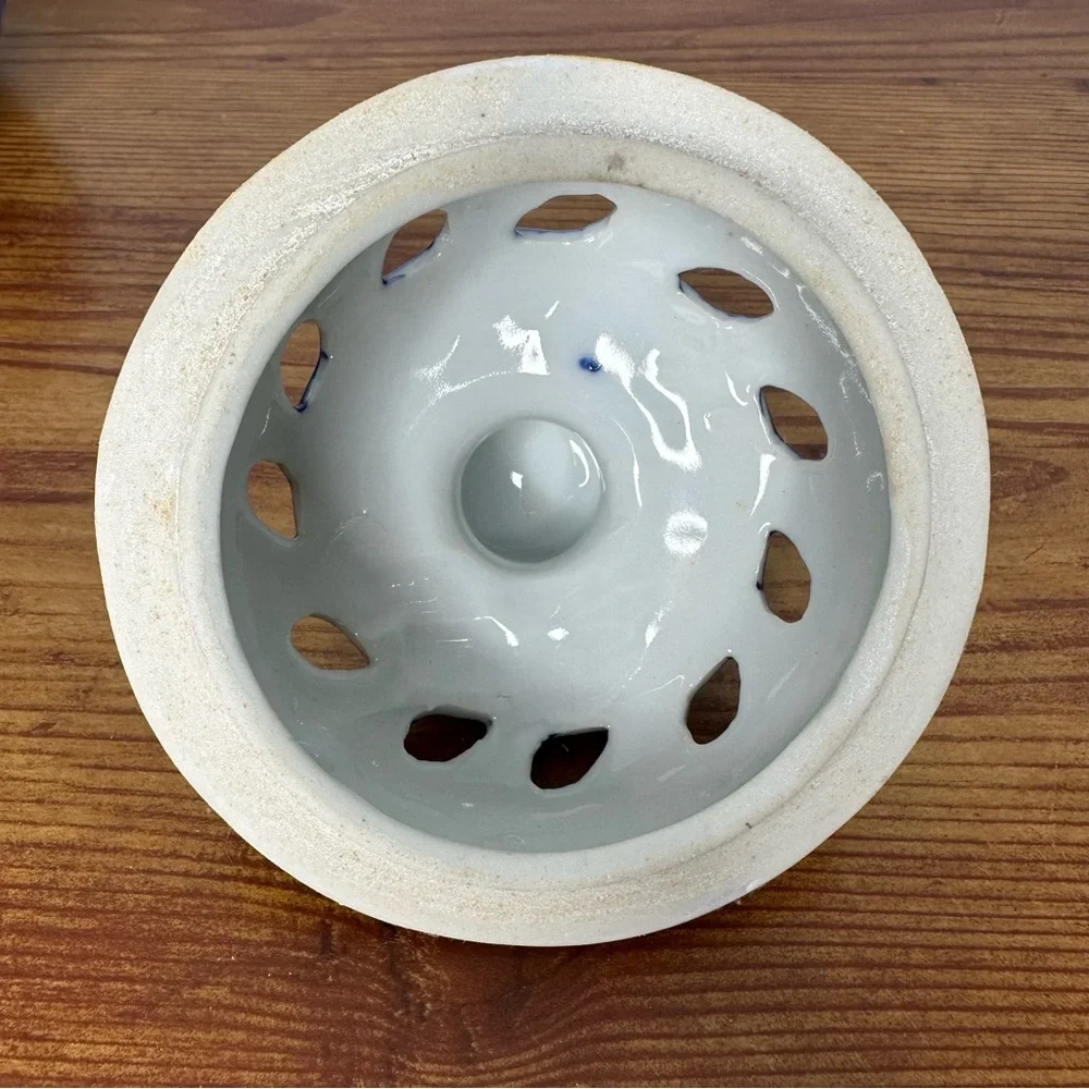 Three Hands Corp Blue White Candle Holder Round Votive W/ Lid Tea Light Floral
